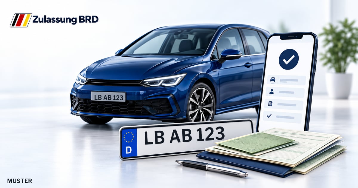 Online Fahrzeugzulassung in Asperg: Musterkennzeichen LB AB 123, Auto und Fahrzeugpapiere und Smartphone. Illustration mit Logo von Zulassung BRD.